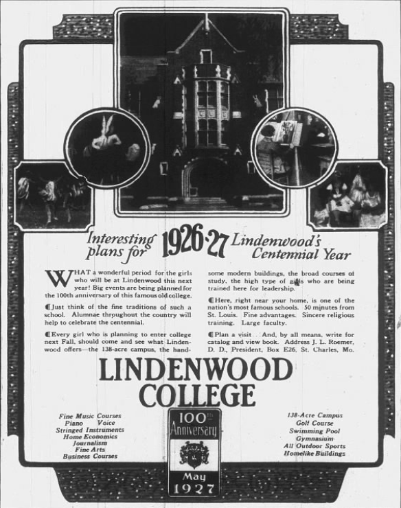 Vintage 1926 Lindenwood College newspaper advertisement featuring campus imagery and promoting the school’s 1926–27 centennial year, academic courses, music programs, and student life in St. Charles, Missouri.