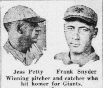 Portraits of Jess Petty and Frank Snyder from the May 24, 1926 New York Daily News after Brooklyn defeated the Giants, 2–1.