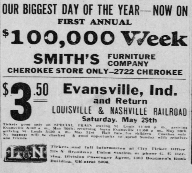 1926 Smith’s Furniture Company newspaper ad promoting a $100,000 Week sale at 2722 Cherokee Street in St. Louis, Missouri. & 1926 Louisville & Nashville Railroad ad offering $3.50 round-trip train fare from St. Louis to Evansville, Indiana via Union Station.