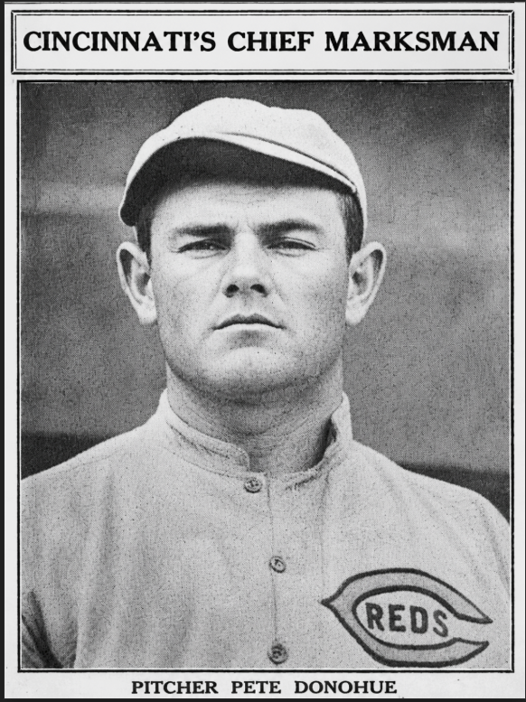 1926 newspaper portrait of Cincinnati Reds pitcher Pete Donohue in uniform. Image has been AI-enhanced from an original halftone newspaper scan to improve clarity while preserving the vintage appearance.