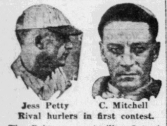 Portraits of pitchers Jess Petty and Clarence Mitchell from a 1926 newspaper before the Brooklyn Robins-Philadelphia Phillies doubleheader opener.