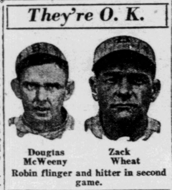 1926 newspaper portraits of Douglas McWeeny and Zack Wheat after Brooklyn’s win over Philadelphia in the second game of a doubleheader.