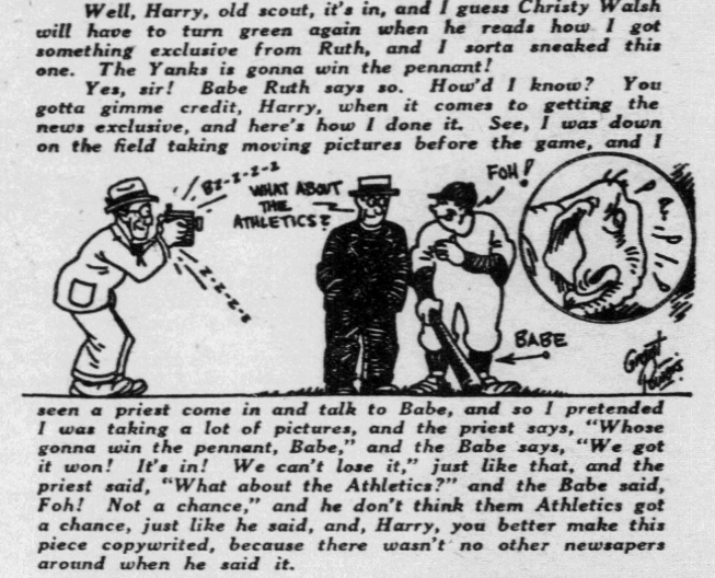 1926 baseball cartoon showing Babe Ruth telling a priest the Yankees will win the pennant while dismissing the Athletics’ chances.