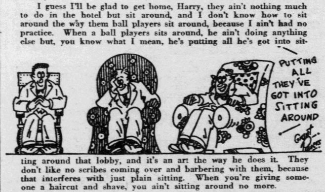 1926 newspaper cartoon of lounging baseball players joking about Yankees players mastering the art of sitting around in hotel lobbies.