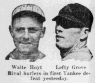 Portraits of Yankees pitcher Waite Hoyt and Athletics ace Lefty Grove, the rival starters in the game that ended New York's 16-game winning streak in May 1926.