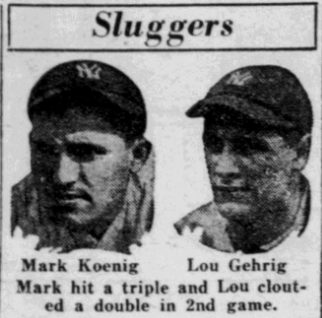 Headshots of Yankees teammates Mark Koenig and Lou Gehrig, highlighted for extra-base hits during New York's doubleheader losses to the Athletics in May 1926.
