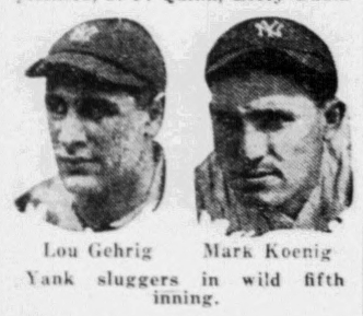 Portraits of Lou Gehrig and Mark Koenig, Yankees hitters who starred during New York's decisive eight-run fifth inning against the Athletics.