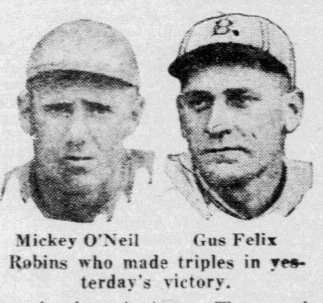 Portraits of Brooklyn players Mickey O'Neil and Gus Felix, whose triples helped the Robins defeat the Boston Braves 8–2 in May 1926.