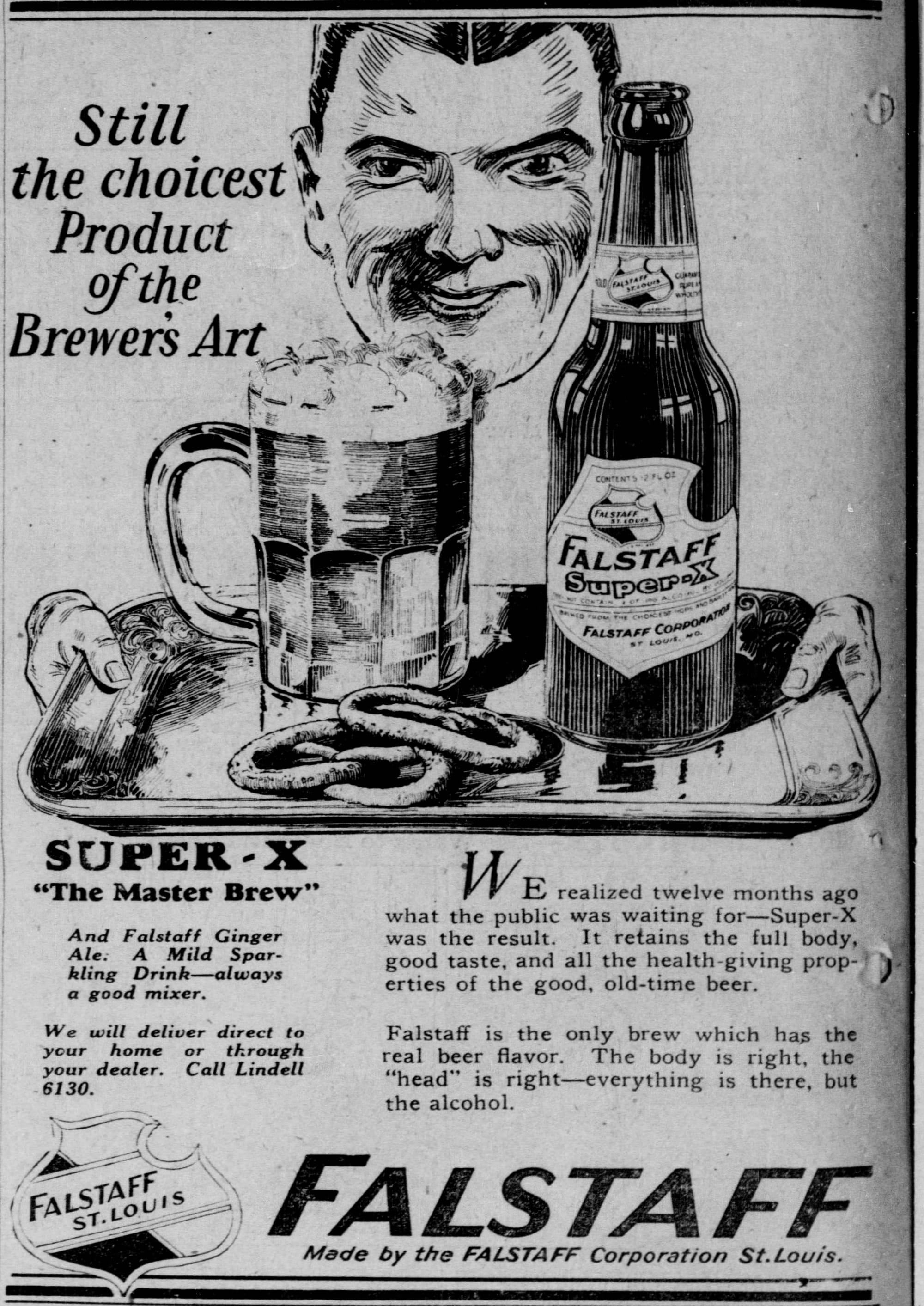 Alt Text: 1926 Falstaff Super-X near beer advertisement from St. Louis featuring a foaming mug, bottle, pretzels, and brewery branding.