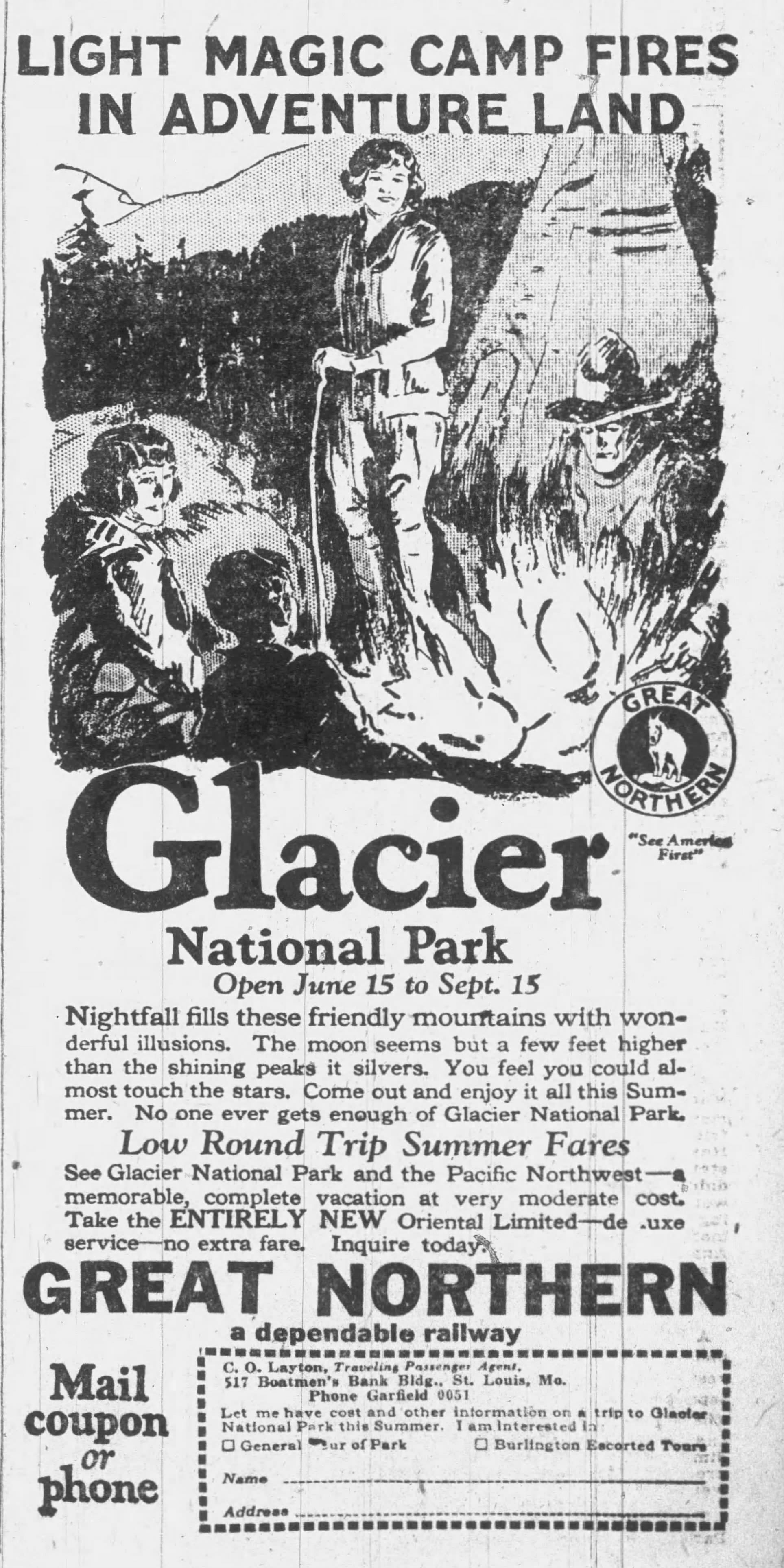 Vintage Great Northern Railway ad for Glacier National Park featuring campers around a campfire in the mountains, promoting summer vacations, rail travel, and tours to the Pacific Northwest.