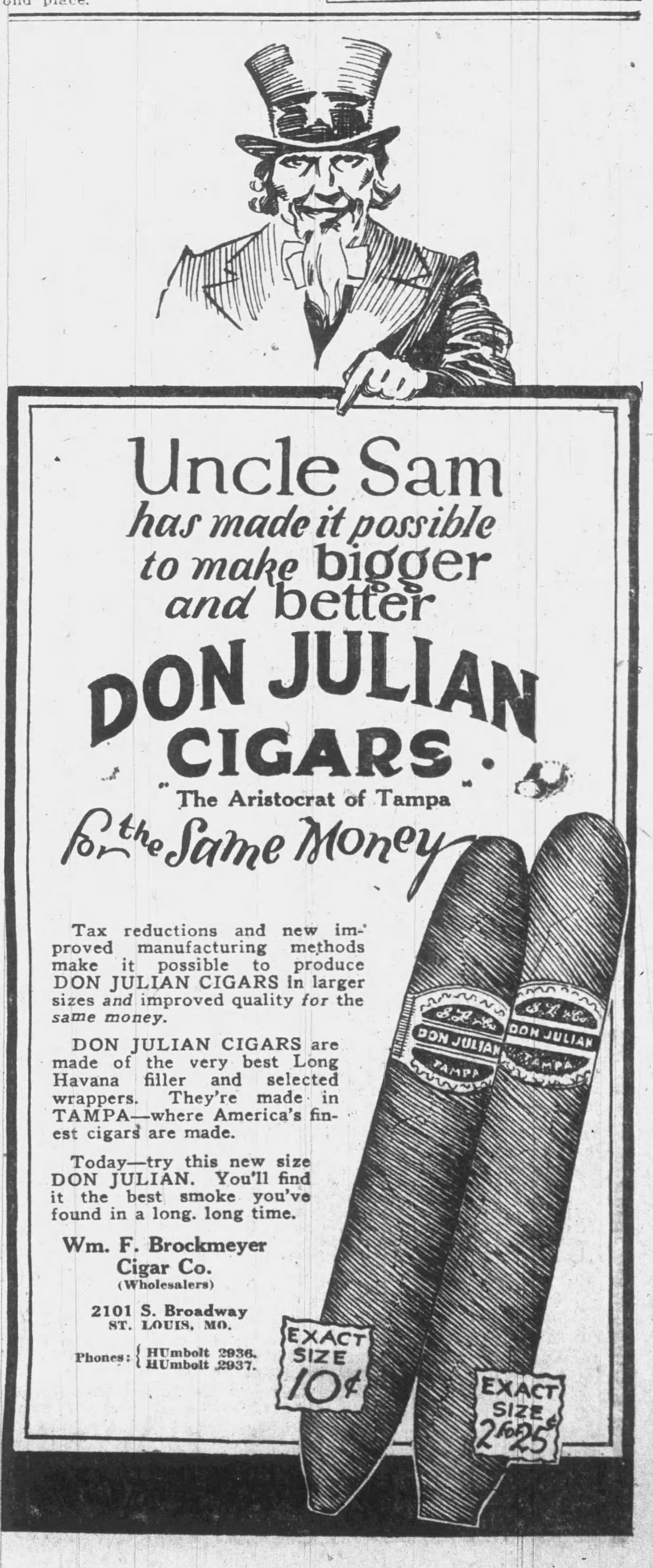 Vintage Don Julian Cigars ad from 1926 showing Uncle Sam above oversized cigars, promoting improved quality and larger sizes “for the same money” from Tampa-made cigars sold in St. Louis.