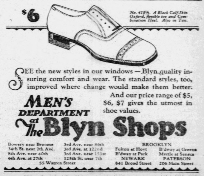 Vintage 1926 newspaper advertisement for The Blyn Shops featuring a men’s oxford shoe priced at $6, with text promoting comfort, durability, and locations in New York City, Brooklyn, Newark, and Paterson.