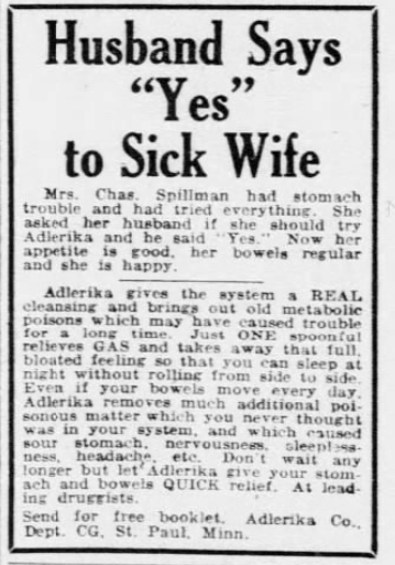 Vintage 1926 Adlerika medicine advertisement claiming relief from stomach trouble, gas, and digestive discomfort through a cleansing tonic.
