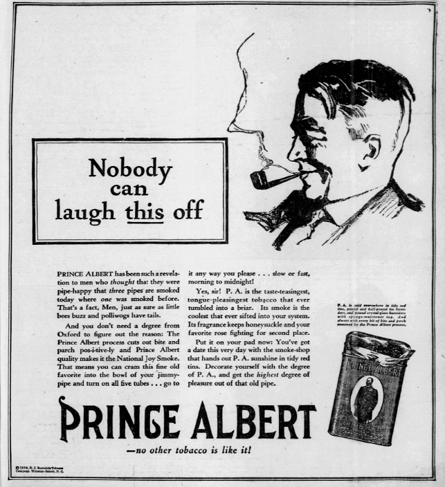 Vintage 1926 Prince Albert tobacco ad featuring a pipe smoker and promotional copy praising the brand’s smooth pipe tobacco blend.