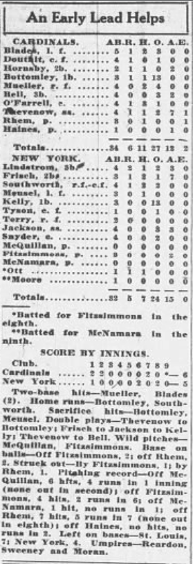 1926 newspaper box score showing the Cardinals defeating the New York Giants 6–5 behind Jesse Haines and Jim Bottomley.