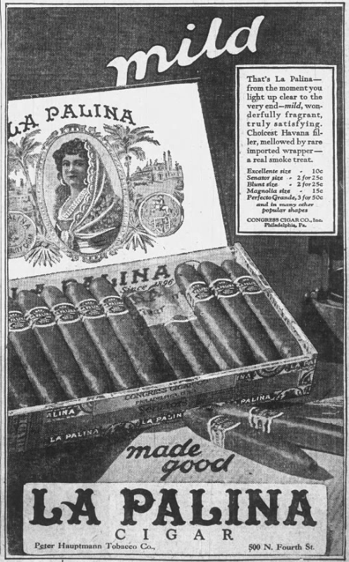 Vintage 1926 La Palina cigar advertisement featuring an open cigar box and branding from the Peter Hauptmann Tobacco Company of St. Louis.