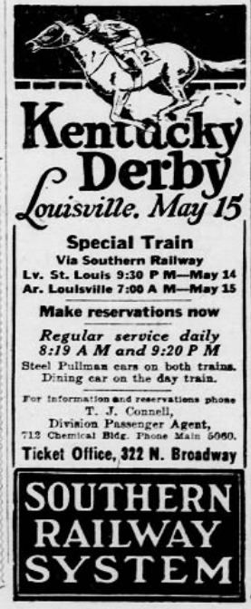 Vintage 1926 newspaper ad showing a racehorse and promoting Southern Railway special train service from St. Louis to the Kentucky Derby in Louisville on May 15.