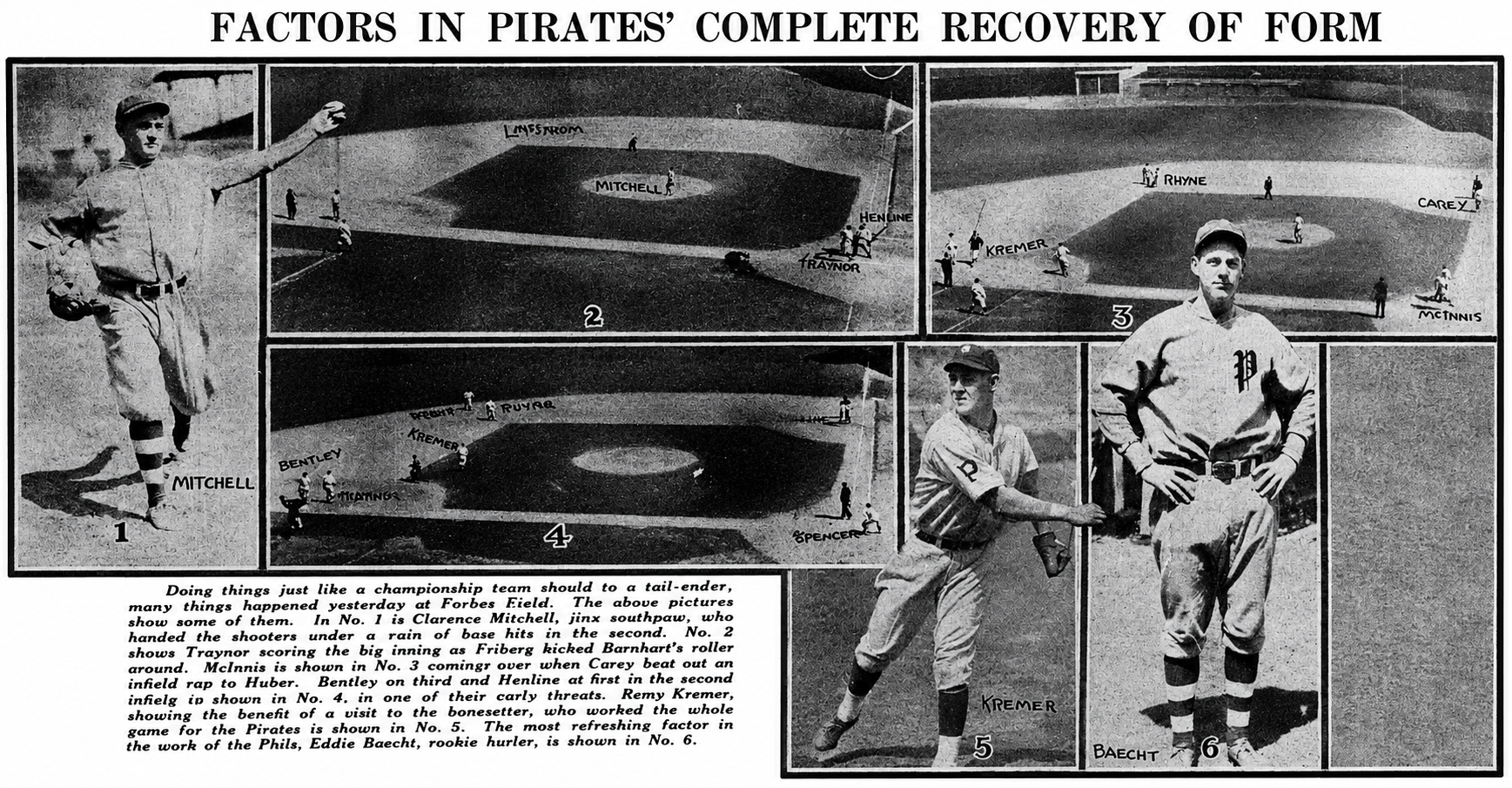 AI-enhanced 1926 Pittsburgh Post baseball collage featuring Pirates players Ray Kremer and Eddie Baecht with illustrated game action from an 11-1 win over the Phillies at Forbes Field.