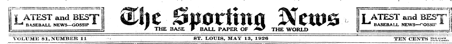 The Sporting News masthead from May 13, 1926, with “The Base Ball Paper of the World” slogan and vintage baseball news banner styling.