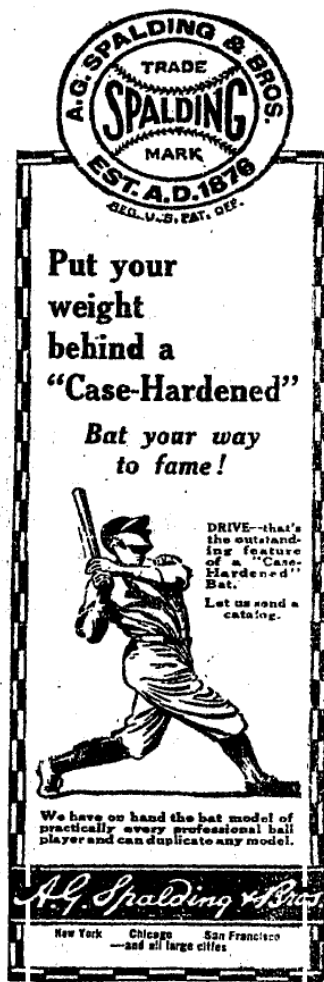 1926 Spalding baseball bat advertisement featuring a batter swinging a “Case-Hardened” bat beneath the Spalding trade mark logo.
