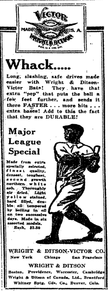 1926 Wright & Ditson-Victor baseball bat ad featuring a batter finishing a swing beside text promoting the “Major League Special” model bat.
