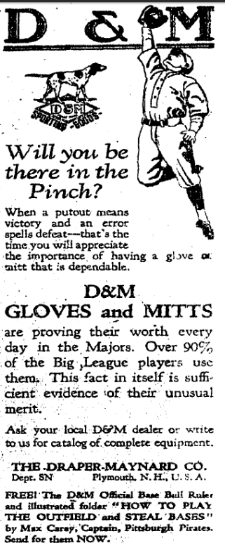 1926 D&M gloves and mitts advertisement showing a baseball player leaping for a catch beside promotional text from Draper-Maynard.