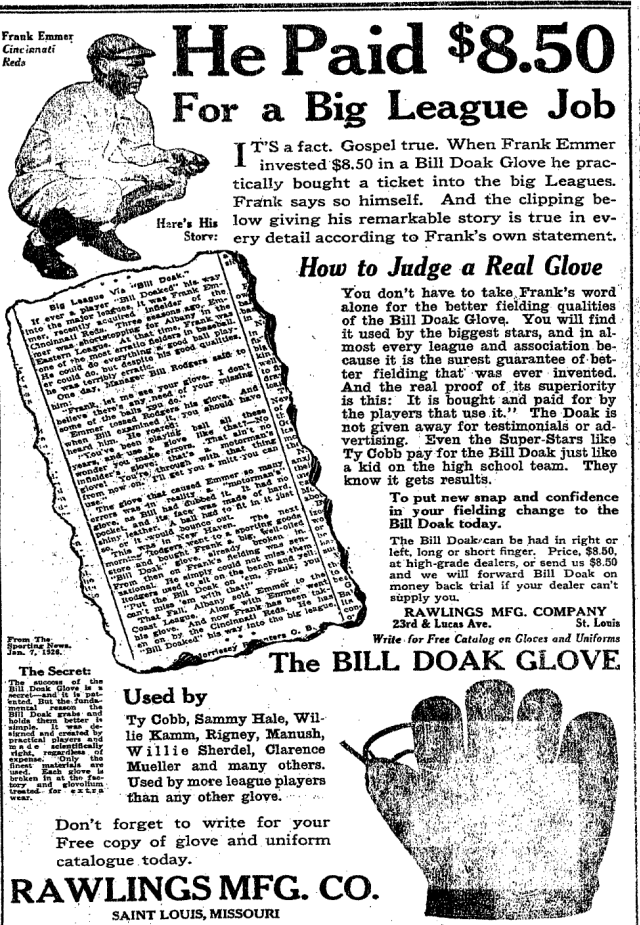 1926 Rawlings Bill Doak glove advertisement featuring pitcher Frank Emmer, glove illustrations, and testimonials promoting the famous baseball mitt.
