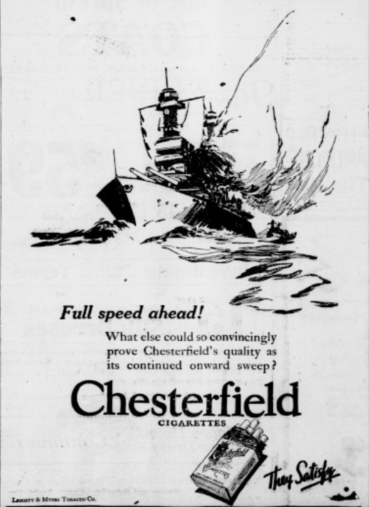 Vintage 1926 Chesterfield Cigarettes advertisement featuring an illustrated battleship cutting through waves beside the slogan “Full speed ahead!”