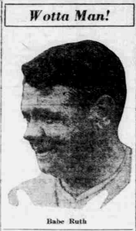 1926 newspaper portrait of Babe Ruth smiling beneath the headline “Wotta Man!” after hitting two home runs for the Yankees against Cleveland.