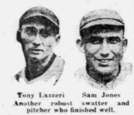 1926 newspaper portraits of Yankees infielder Tony Lazzeri and pitcher Sam Jones with a caption praising Lazzeri’s hitting and Jones’s relief pitching against Cleveland.