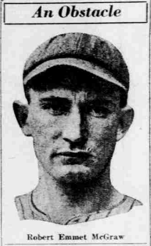 A vintage, grainy black-and-white newspaper headshot of baseball player Robert Emmet McGraw from 1926. He is wearing a dark, pinstriped baseball cap and jersey. He has a serious expression, looking directly at the camera. The image is titled "An Obstacle" in a box at the top, and his name "Robert Emmet McGraw" is printed clearly at the bottom.