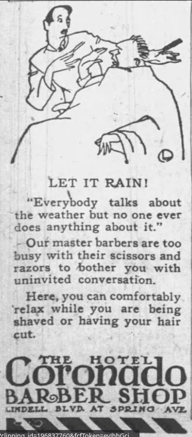 Vintage 1926 newspaper ad for the Hotel Coronado Barber Shop showing a barber shaving a customer, with text promoting a quiet, comfortable experience.