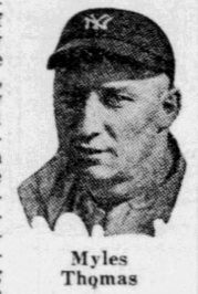 Portrait of Yankees pitcher Myles Thomas from a 1926 newspaper during New York’s 2–1 win over Cleveland.