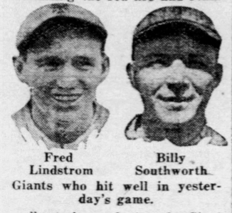 1926 newspaper portraits of Giants players Freddie Lindstrom and Billy Southworth following a game against Cincinnati.