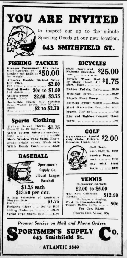 1926 Sportsmen’s Supply Co. ad listing baseballs, Louisville Slugger bats, fishing tackle, bicycles, golf clubs, and tennis gear at a Pittsburgh sporting goods store.