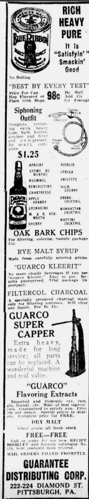 1926 newspaper ad for Blue Ribbon malt extract and brewing supplies from Guarantee Distributing Corp. of Pittsburgh, featuring siphons, bottle cappers, syrups, and flavoring extracts.