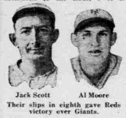 A grainy, vintage black-and-white newspaper clipping from 1926 featuring two baseball headshots. On the left is pitcher Jack Scott, looking forward with a serious expression and wearing a baseball cap. On the right is young outfielder Al Moore, also in a baseball cap and uniform, looking directly at the camera. The text printed directly beneath the photographs reads: "Jack Scott," "Al Moore," and a caption line stating, "Their slips in eighth gave Reds victory over Giants."