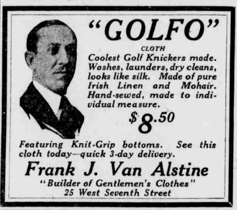 Vintage 1926 newspaper ad for GOLFO golf knickers featuring a portrait of tailor Frank J. Van Alstine and text advertising custom golf clothing for $8.50.