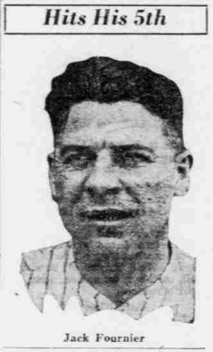1926 newspaper portrait of Jack Fournier, Brooklyn Robins first baseman, noted for hitting his fifth home run of the season.