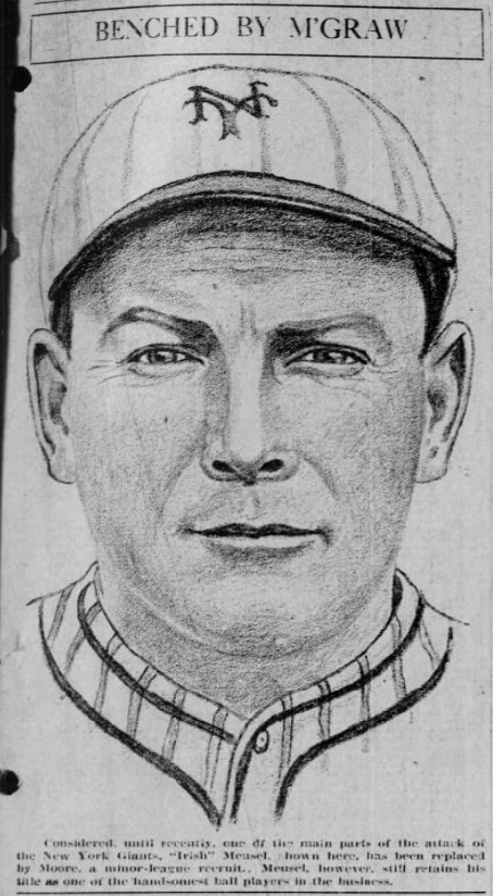 1926 newspaper portrait illustration of Irish Meusel in a New York Giants cap beneath the headline “Benched by M’Graw.”