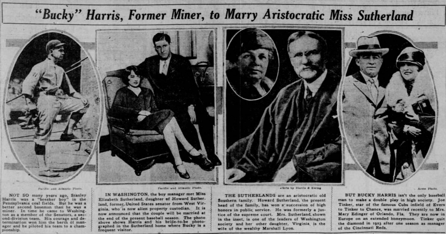 Large 1926 newspaper collage featuring Bucky Harris, Elizabeth Sutherland, members of the Sutherland family, and Joe Tinker, accompanying a story about Harris’s upcoming marriage.