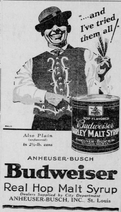 Vintage 1926 Budweiser malt syrup advertisement showing a smiling man holding barley beside a can of Budweiser Real Hop Malt Syrup from Anheuser-Busch of St. Louis.