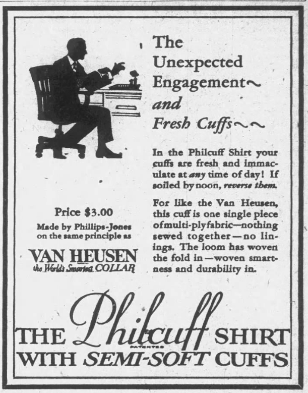 Black-and-white 1926 newspaper advertisement for the Philcuff shirt featuring a silhouetted man at a desk and promotional text about reversible semi-soft cuffs and Van Heusen styling.