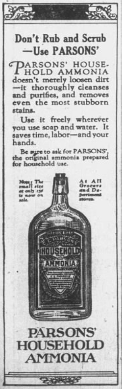 Vintage 1926 newspaper advertisement for Parsons’ Household Ammonia featuring a large bottle illustration and text promoting its cleaning power for stains and household chores.