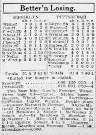 1926 newspaper box score showing the Brooklyn Robins and Pittsburgh Pirates tied 4–4 in a rain-shortened game featuring Babe Herman, Paul Waner, and Pie Traynor.