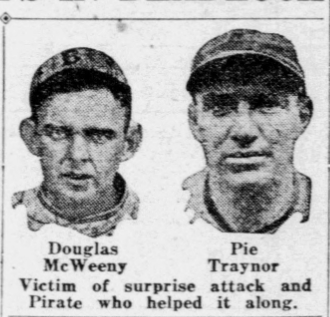 1926 newspaper portraits of Pirates pitcher Douglas McWeeny and third baseman Pie Traynor following Pittsburgh’s rain-shortened tie with Brooklyn.