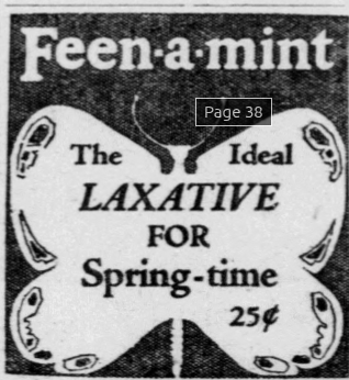 Vintage 1926 Feen-a-mint laxative advertisement featuring butterfly-shaped artwork and promoting the product as an ideal springtime remedy for digestive relief.