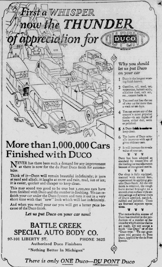 1926 newspaper ad from Battle Creek, Michigan, for Battle Creek Special Auto Body Co. promoting DuPont Duco auto paint finishes, featuring crowded city traffic filled with vintage automobiles.