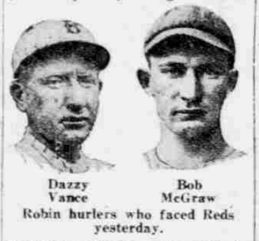 1926 newspaper image featuring Brooklyn Robins pitchers Dazzy Vance and Bob McGraw in uniform before a game against the Cincinnati Reds.