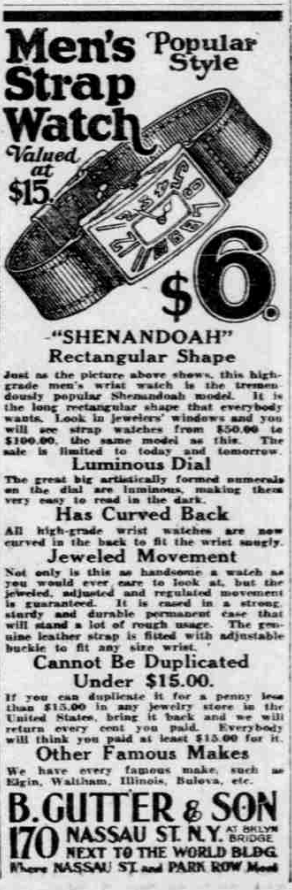 Vintage 1926 newspaper ad for a rectangular men’s Shenandoah wristwatch priced at $6, sold by B. Gutter & Son at 170 Nassau Street near the Brooklyn Bridge in New York City.